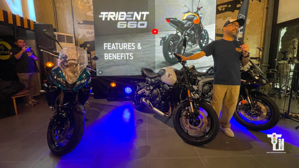 Triumph Trident 660 Daytona 660 and Tiger Sport 660 motorcycles on display at Autohub Alabang