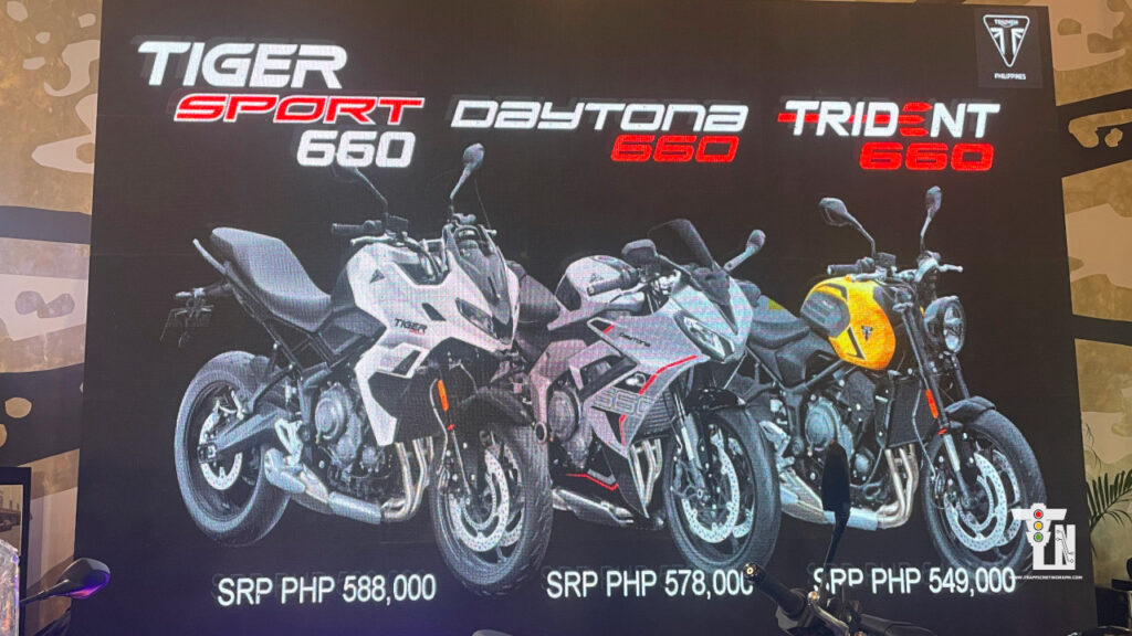 Triumph 660 Triple models lined up inside Autohub Alabang showroom