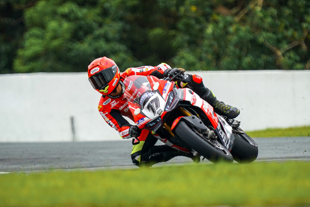 Timothy Joseph "TJ" Alberto leaning his Ducati Panigale V2 into a sharp turn during the 2026 Philippine Superbike Championship race at Batangas Racing Circuit.
