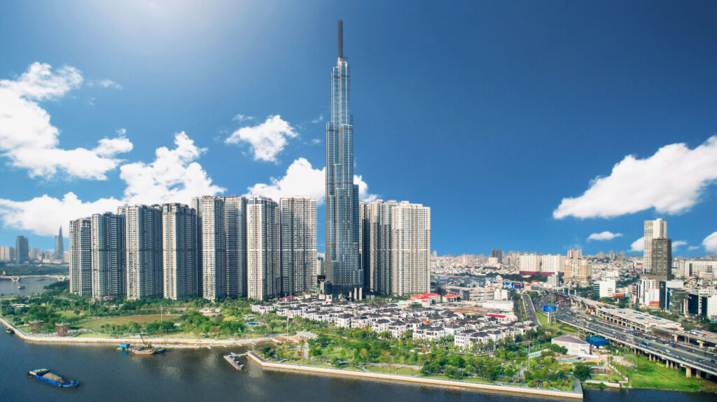 Panoramic skyline view of the Vingroup TIME World's Best Companies 2026 featured flagship landmark, Landmark 81, standing tall above Ho Chi Minh City's urban waterfront.
