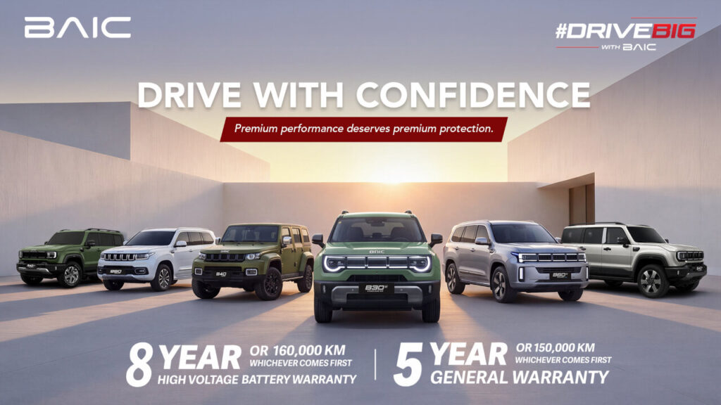Modern BAIC SUV lineup displayed against an architectural backdrop, emphasizing the 'Drive with Confidence' message and the extensive BAIC Philippines warranty terms.