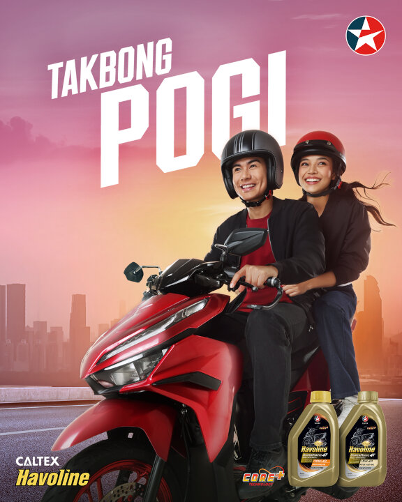 A happy man and woman ride a red scooter on a highway at sunset, for Caltex Havoline "TAKBONG POGI" poster