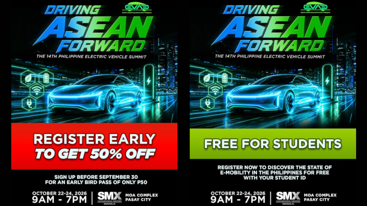 Side-by-side comparison of two official 14th Philippine EV Summit posters, showcasing both the 50% off early bird discount and the free admission for students.