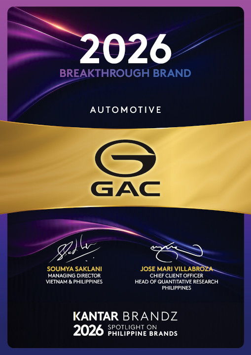 Official Kantar BrandZ certificate naming GAC as the 2026 Breakthrough Automotive Brand in the Philippines.