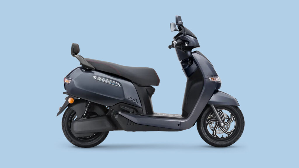 Right side profile view of the upgraded TVS iQube S Philippines electric scooter in grey, showcasing its sleek design, step-through frame, and pillion backrest.