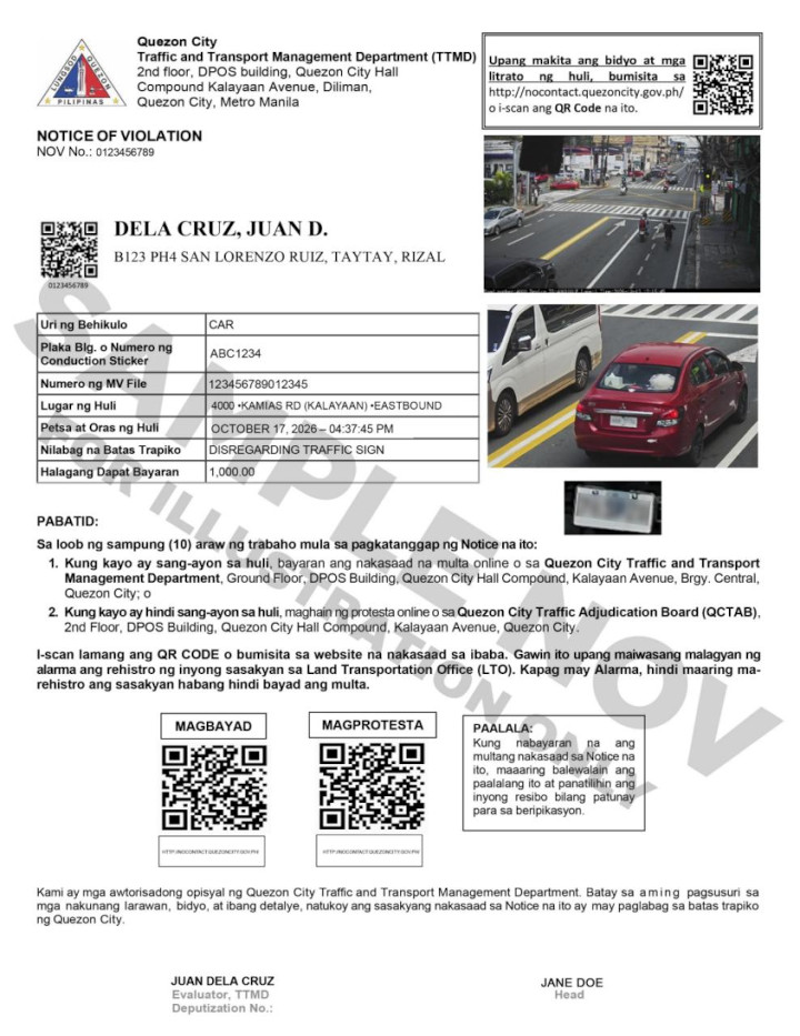 An official No Contact Apprehension Policy (NCAP) Notice of Violation (NOV) clearly displaying LTO vehicle details, incident photographs, violation code, fine amount, and official payment or contest instructions