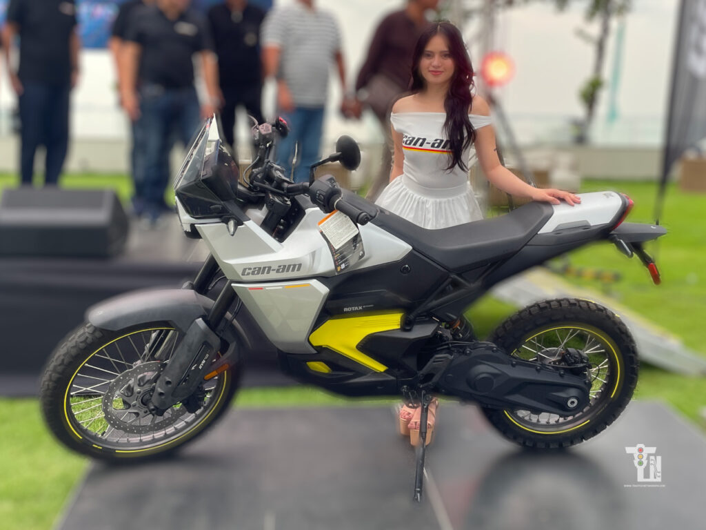 Can-Am Origin dual sport electric motorcycle featuring long travel suspension and spoked wheels