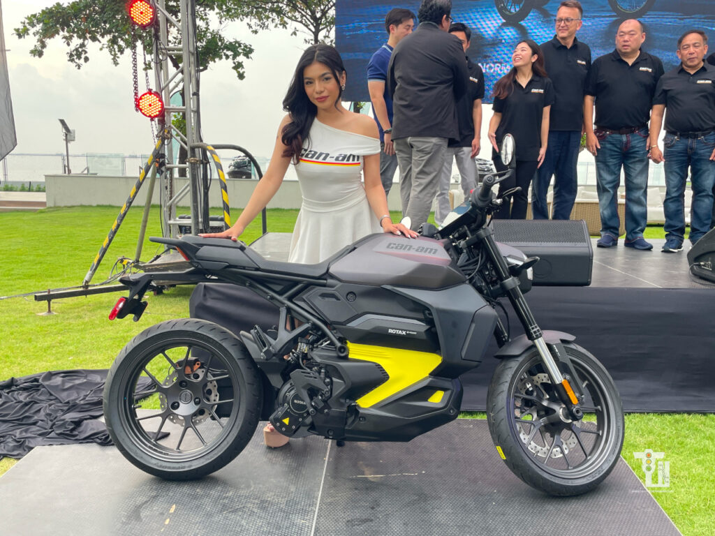 Can-Am Pulse street electric motorcycle with LED headlight on display in the Philippines