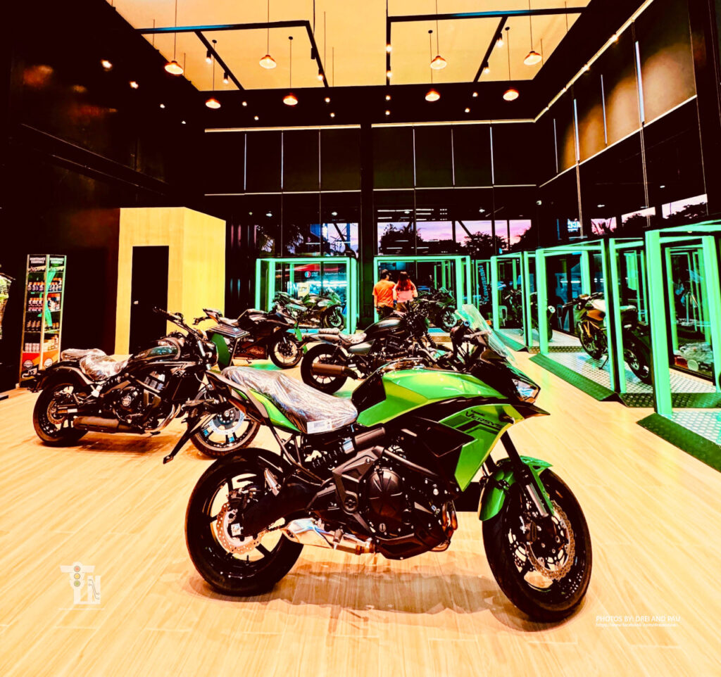 Kawasaki Ninja, Z-series, and Versys big bikes on display inside the Kawasaki Leisure Bikes Lucena showroom