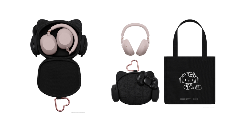 The WH-1000XM6 with original Hello Kitty pouch and tote bag