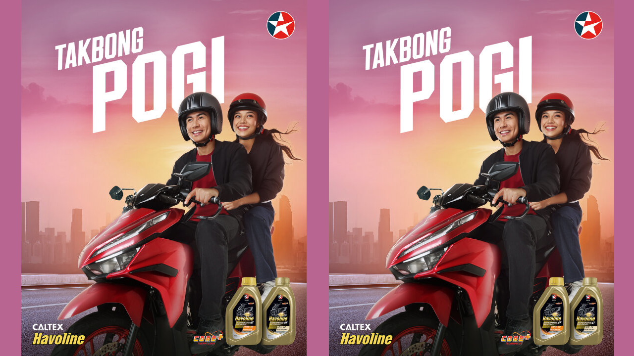 A happy man and woman ride a red scooter on a highway at sunset, for Caltex Havoline "TAKBONG POGI" poster side by side